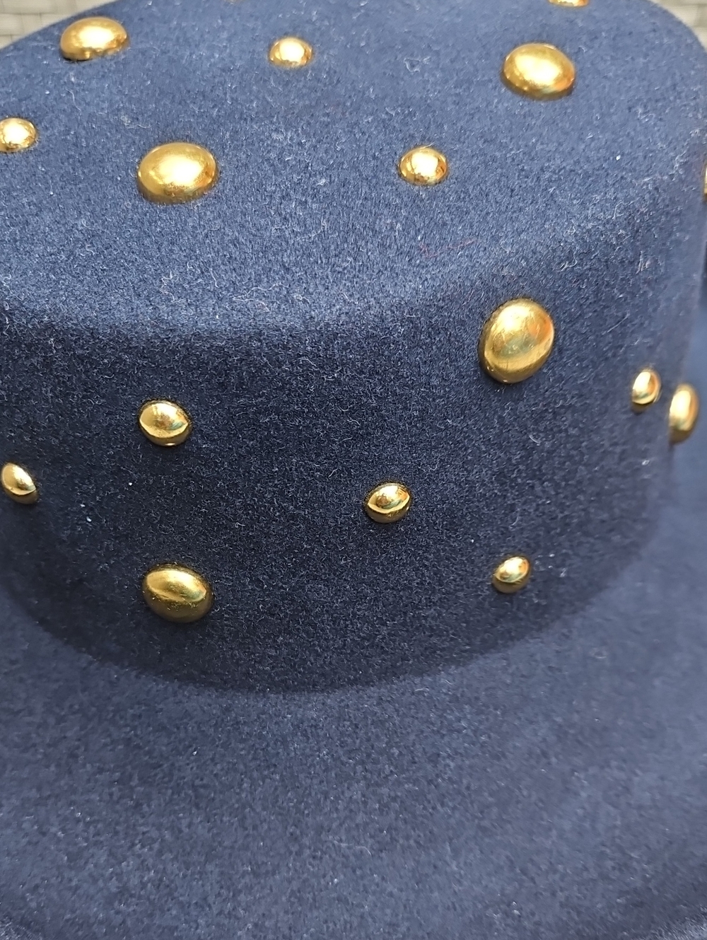 Vintage Betmar New York 100% Wool Gold-Studs Navy Felt Wide-Brim Hat - Picture 8 of 17